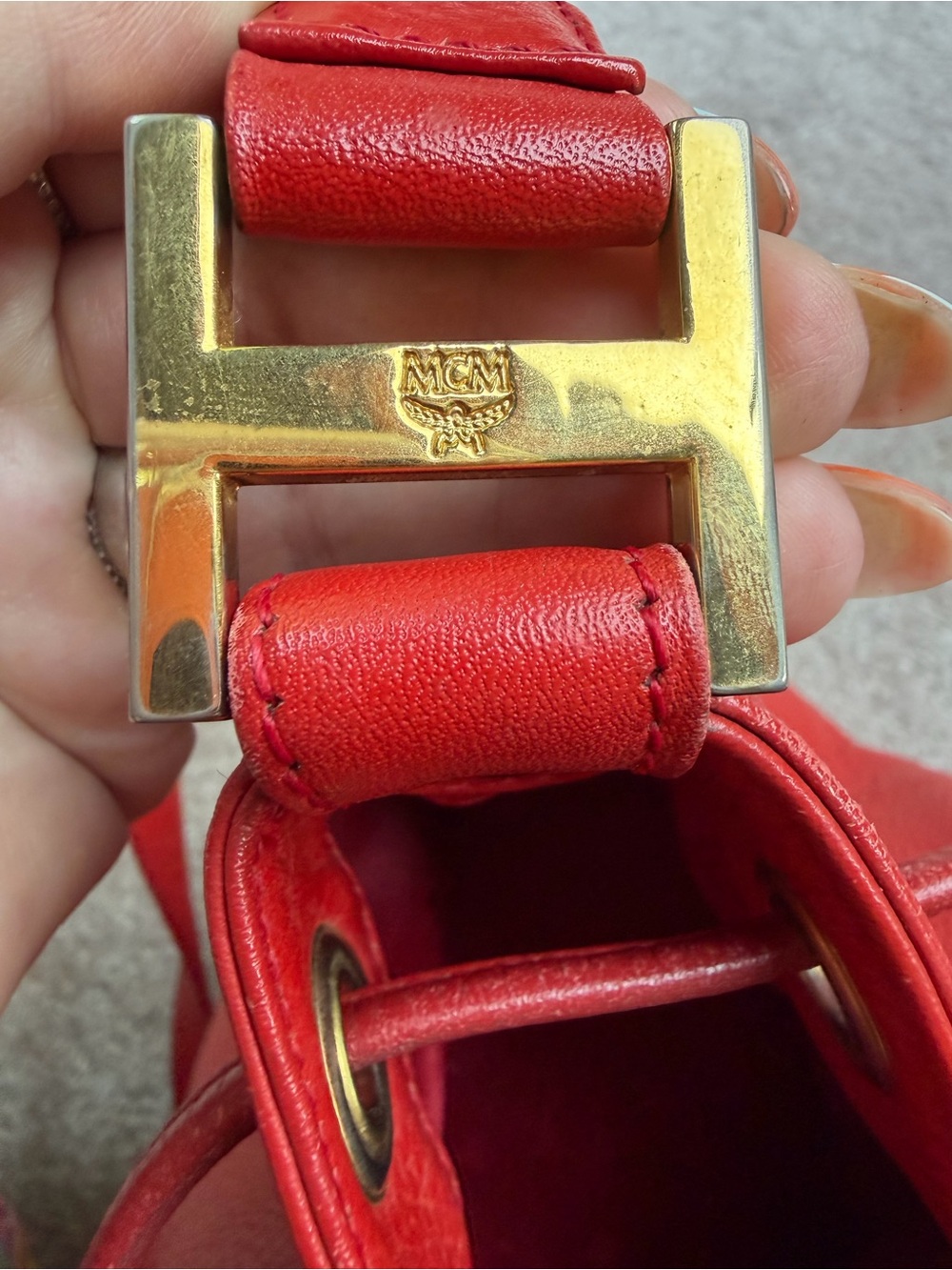 MCM Red Leather Drawstring Bucket Crossbody Bag Gold Hardware EUC Dust bag - Picture 12 of 15